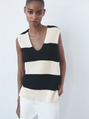 Zara Black and Cream Striped V-Neck Sweater Vest
